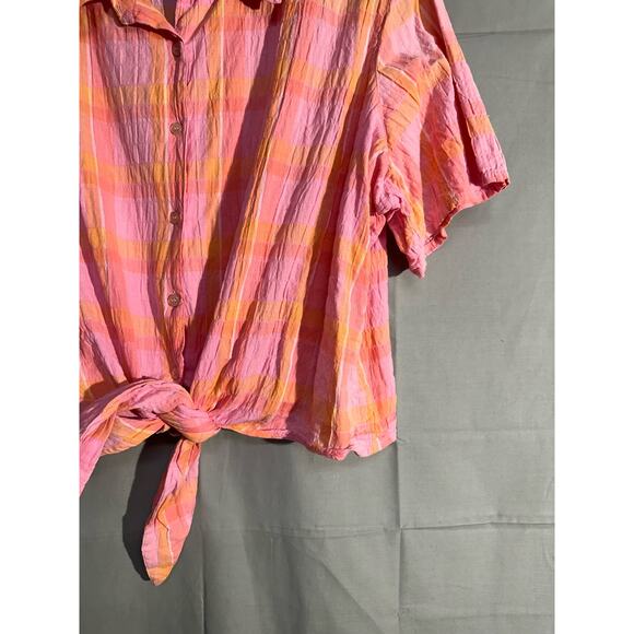 90s Vintage Top Womens XL Pink Plaid Button Tie Front Orange Cottage Boho Pastel - Picture 5 of 7
